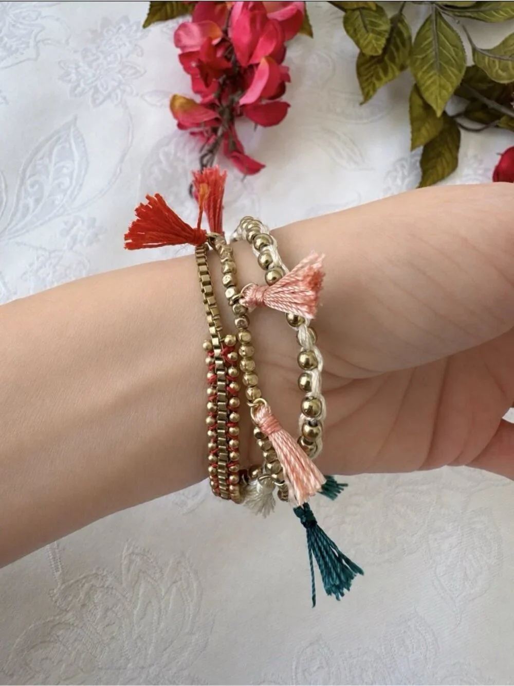 American Eagle Goldtone Cream Colorful Tassel Beads Bracelet Set 3 PC Stack NEW